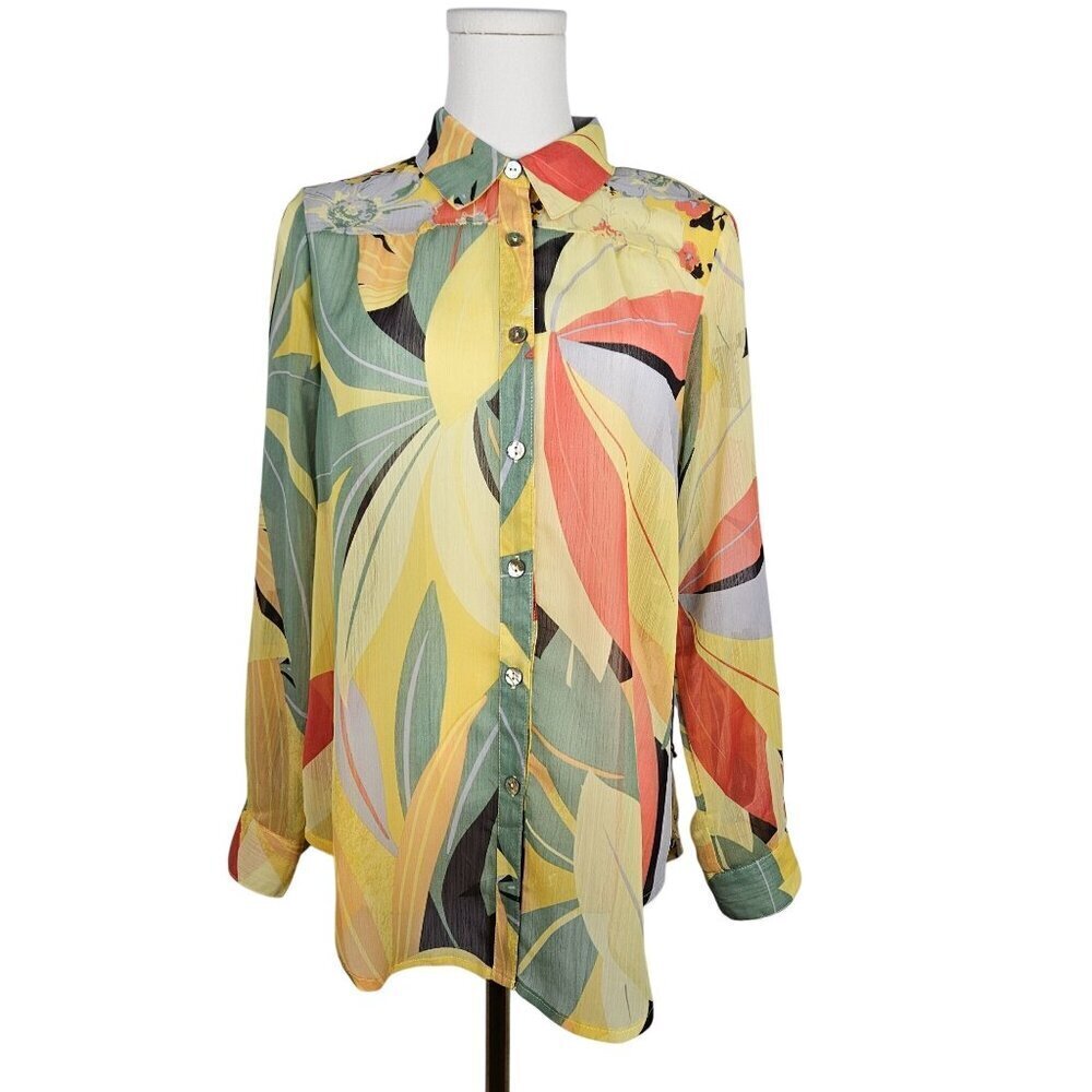 NEW Figueroa &‎ Flower Shirt Petite Medium Sheer Tropical Floral Button Yellow
